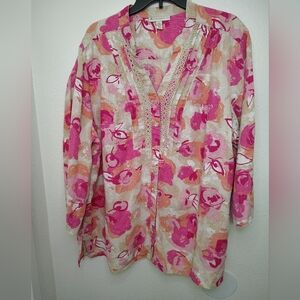JM Collection Floral Pink and Cream Women's Blouse 100% Linen 3/4 Sleeves Sz 24W